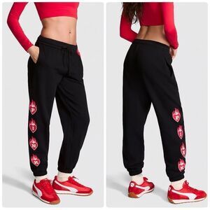 PINK Victoria's Secret Campus Pure Black VDay Flaming Heart Sweatpant Joggers XL